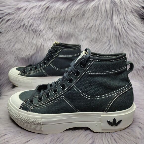 Adidas Nizza Trek Black and White Platform Hi Top Canvas Sneakers Women's Size 8 - Picture 1 of 8